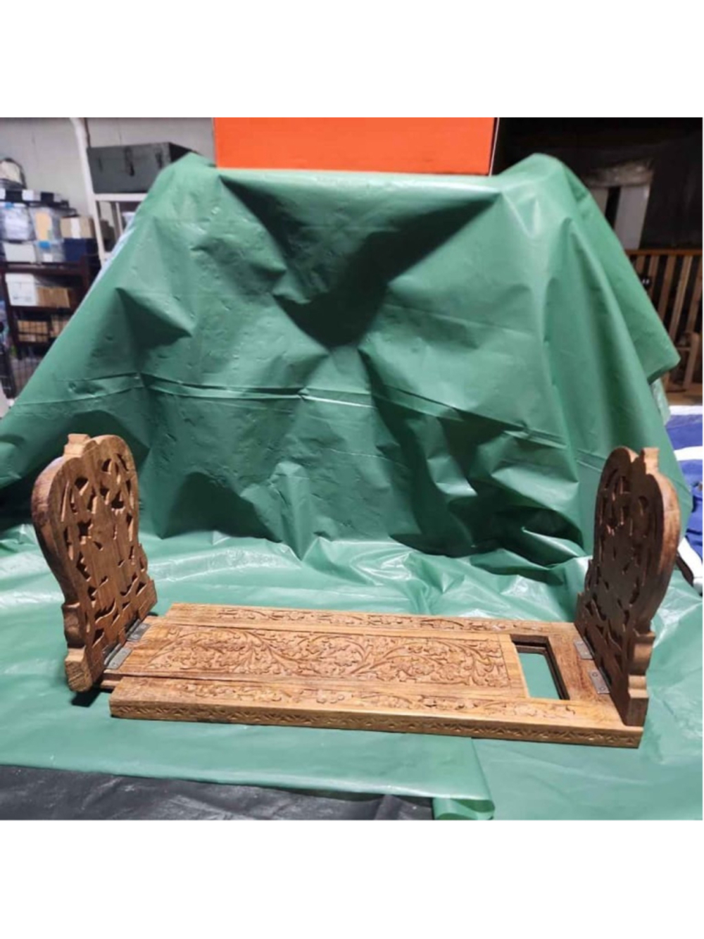 Wood Hand Carved Floral Expandable Folding Book Holder Stand India
